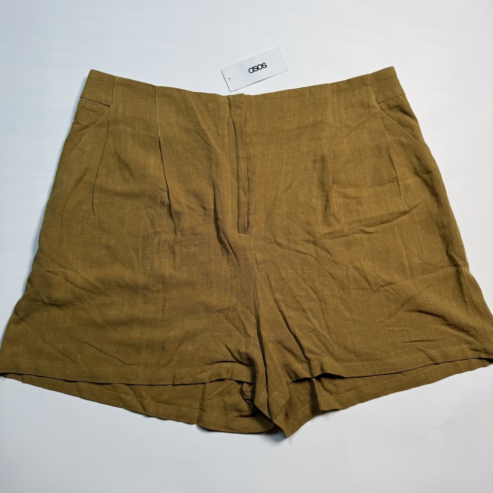 ASOS Shorts Womens 14 Brown Linen Blend Pleated Chino Lined Casual Summer Resort